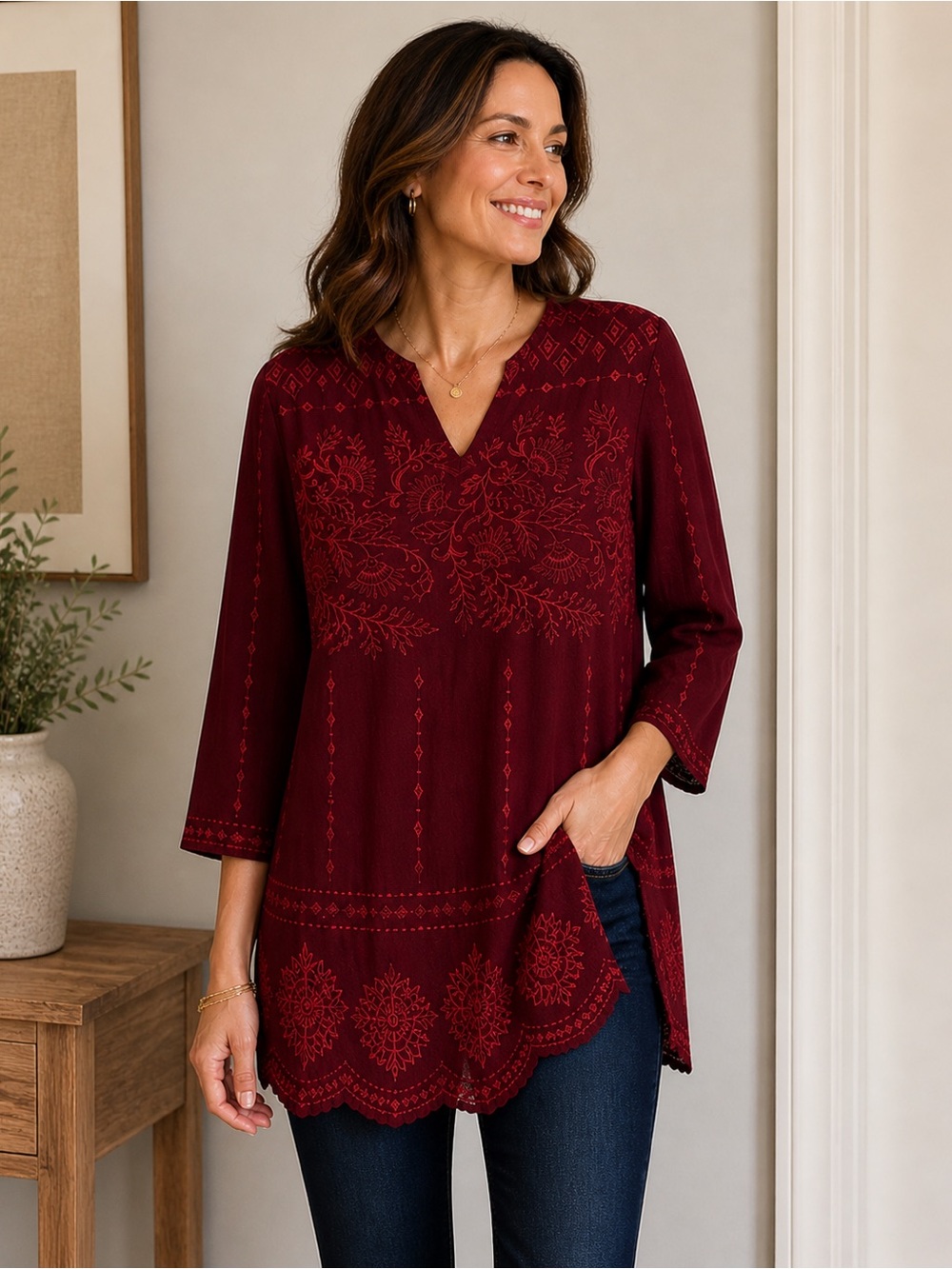 John Mark Burgundy Embroidered Blouse